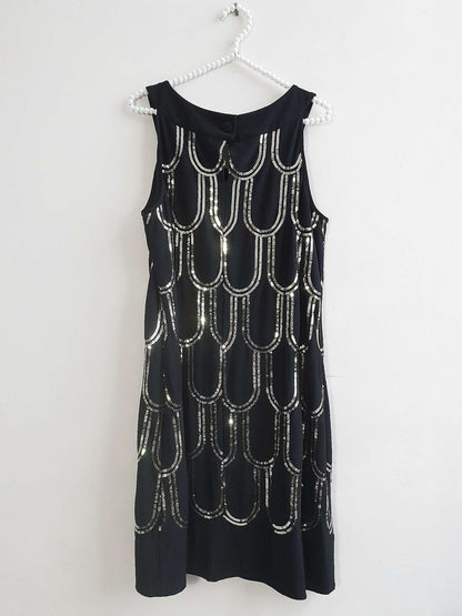 Vintage Black Party Dress Sequin Art Deco Flapper 20s Style - Size 14