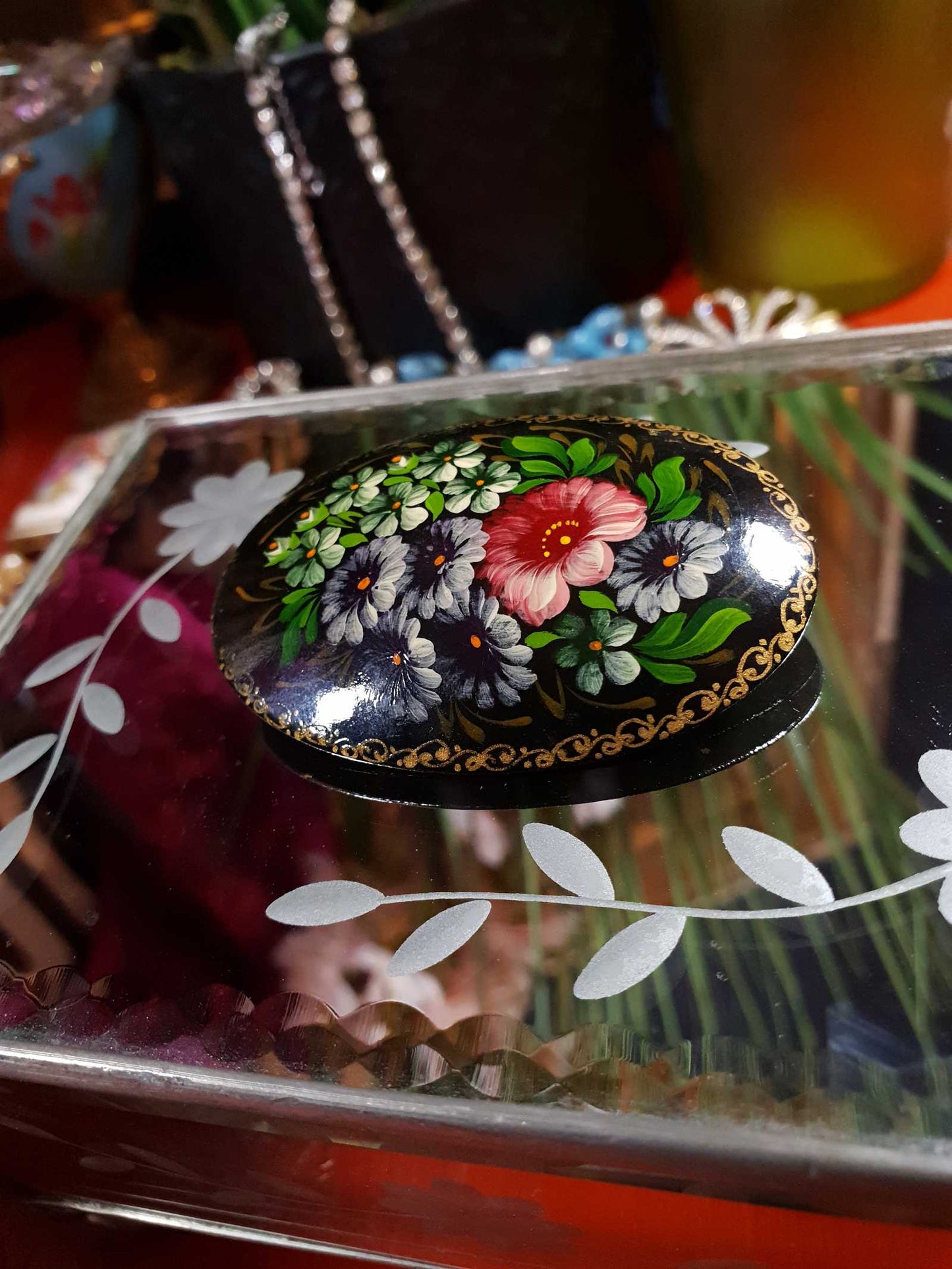 Vintage 90s Russian Floral Brooch Oval Pin Hand Painted Flowers Signed Folk Art