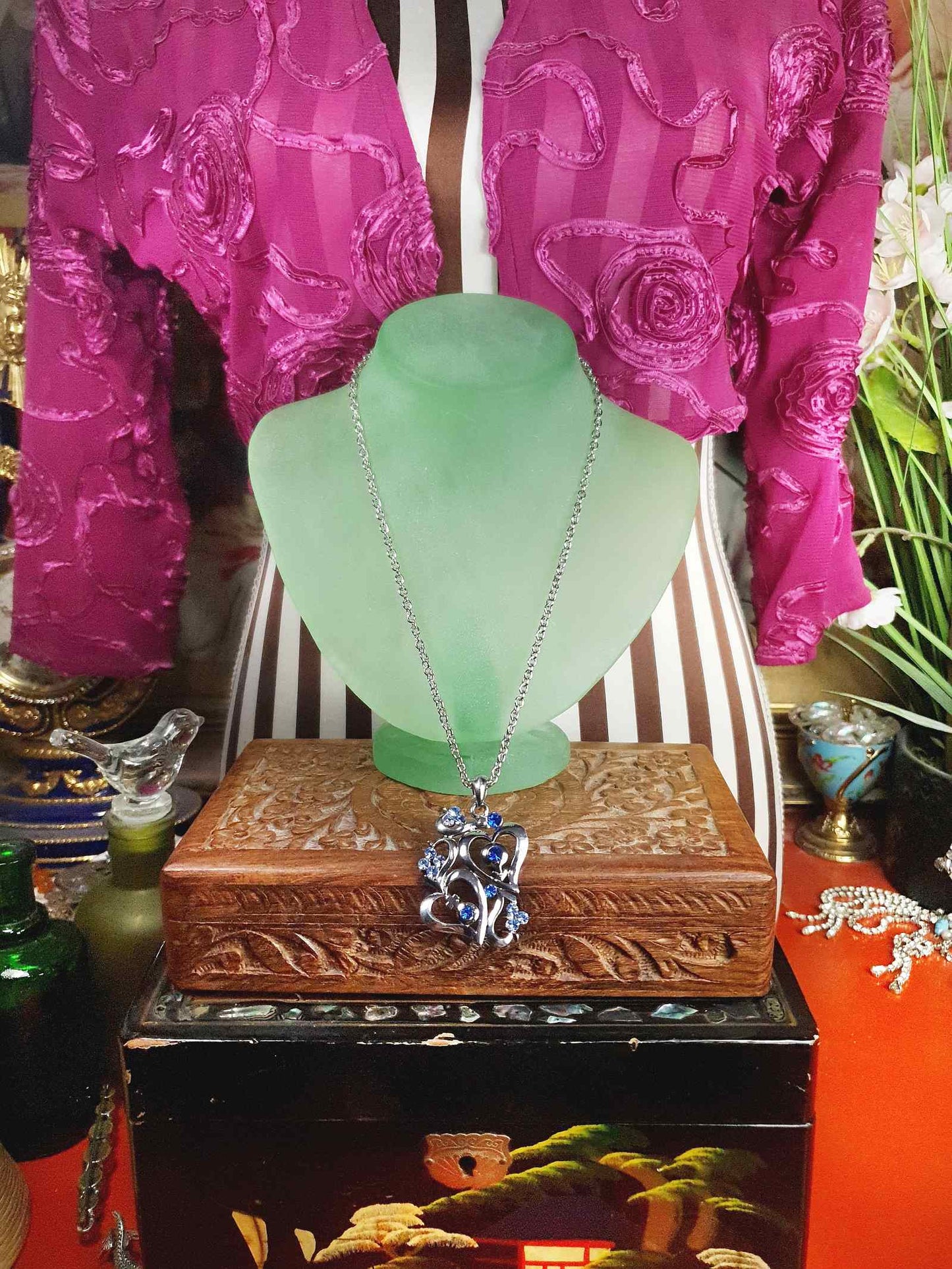 Vintage Blue Rhinestone Heart Pendant Necklace 18" Silver Tone Y2K