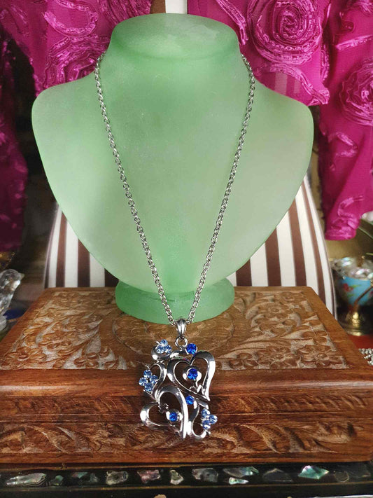 Vintage Blue Rhinestone Heart Pendant Necklace 18" Silver Tone Y2K