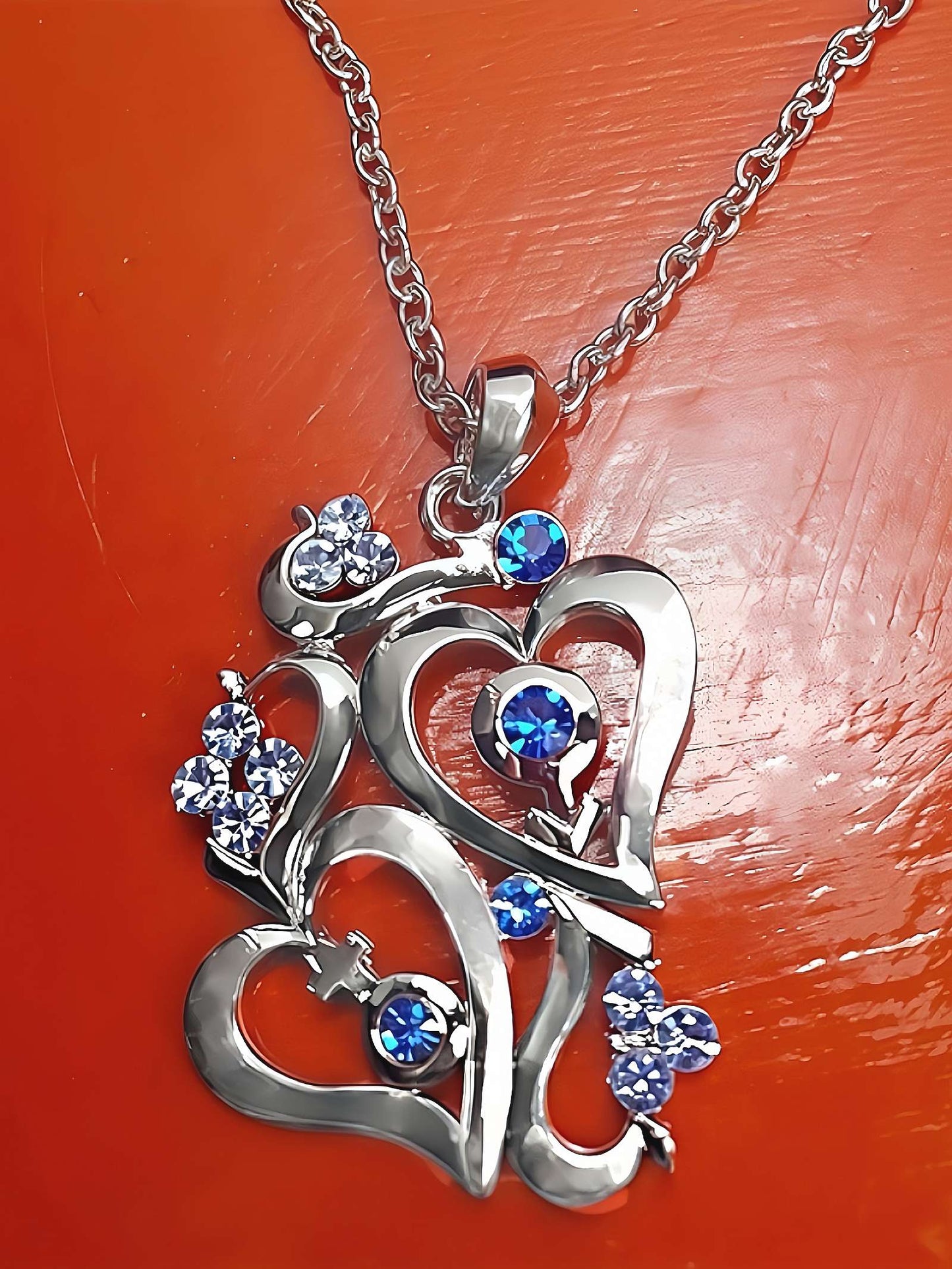 Vintage Blue Rhinestone Heart Pendant Necklace 18" Silver Tone Y2K
