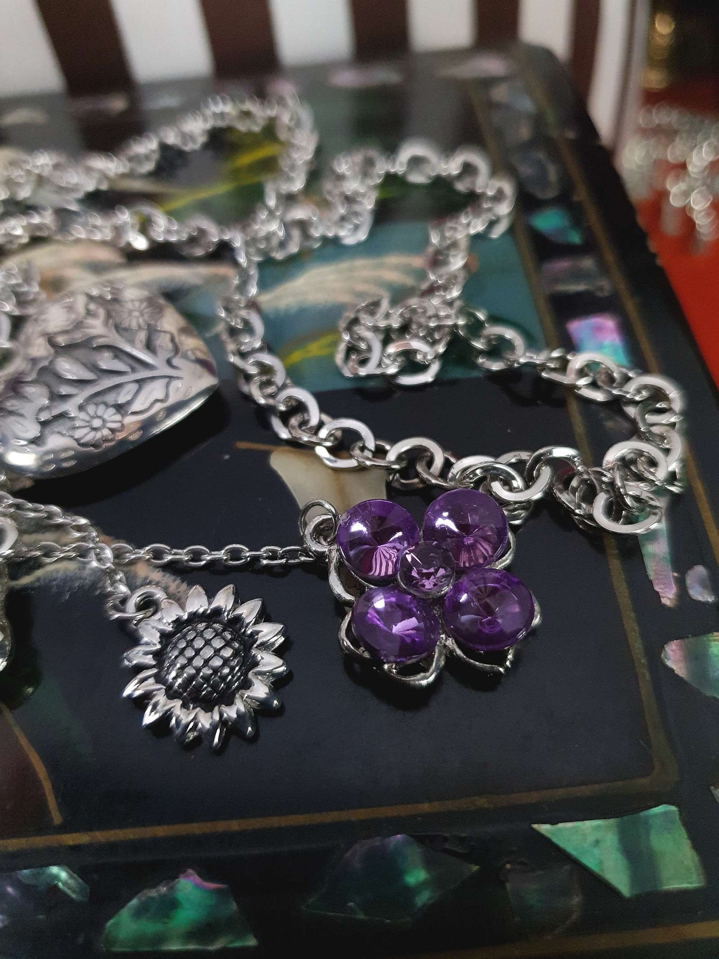 Vintage Boho Heart Charm Necklace Purple Rhinestone Flower Bohemian Y2K