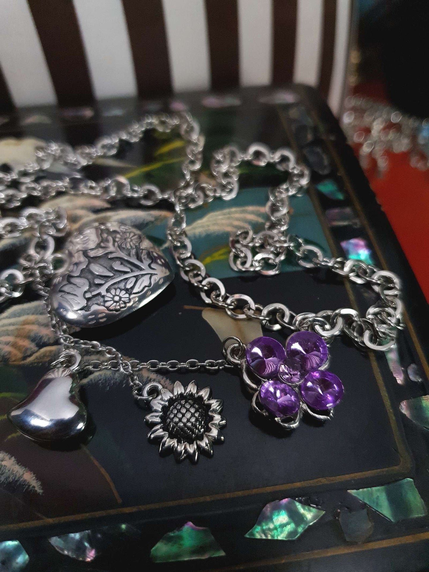 Vintage Boho Heart Charm Necklace Purple Rhinestone Flower Bohemian Y2K
