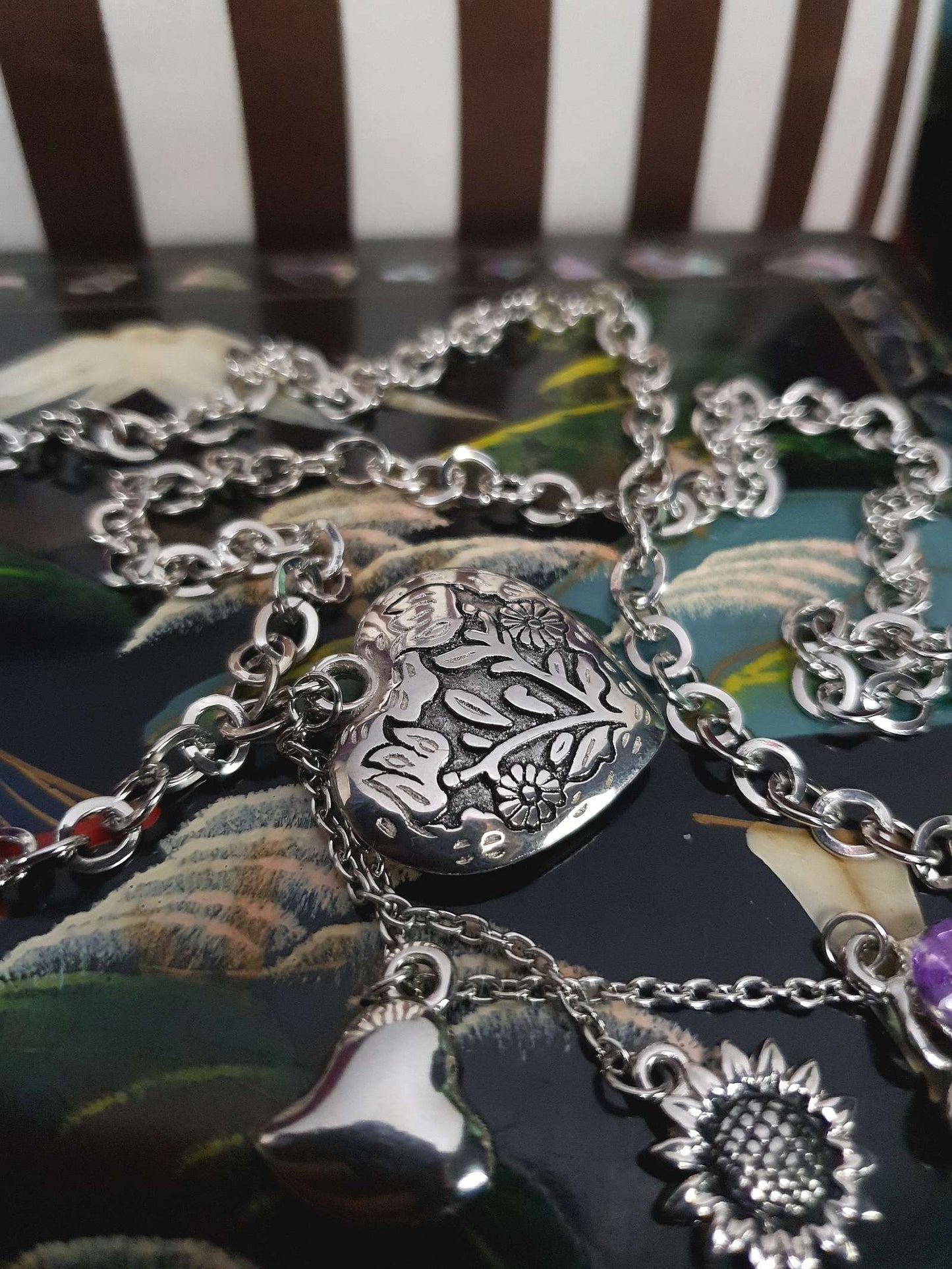 Vintage Boho Heart Charm Necklace Purple Rhinestone Flower Bohemian Y2K