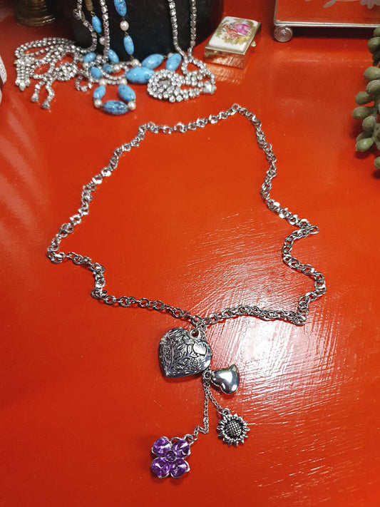 Vintage Boho Heart Charm Necklace Purple Rhinestone Flower Bohemian Y2K