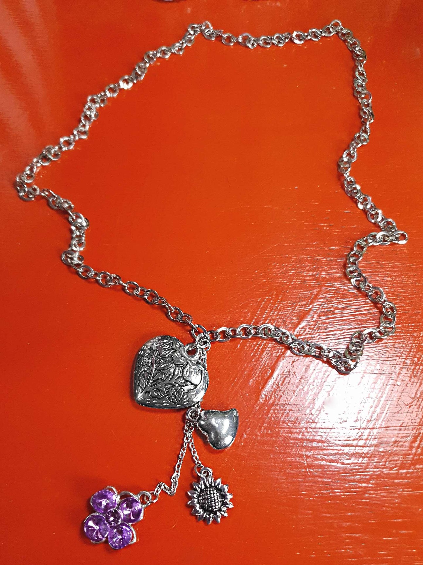Vintage Boho Heart Charm Necklace Purple Rhinestone Flower Bohemian Y2K