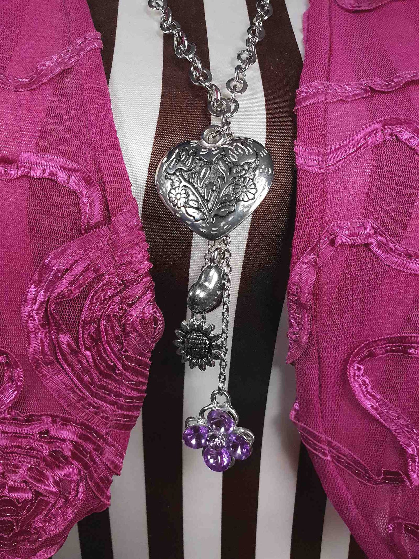 Vintage Boho Heart Charm Necklace Purple Rhinestone Flower Bohemian Y2K