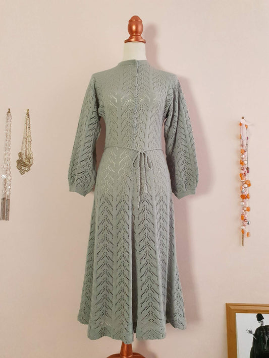 Cute Vintage 90s Pale Green/Grey Knit Day Dress - Size 10/12