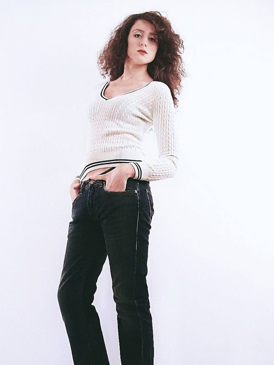 English Classics - Pre-Loved Laura Ashley White Navy Trim Cotton & Cashmere Jumper - Size 12