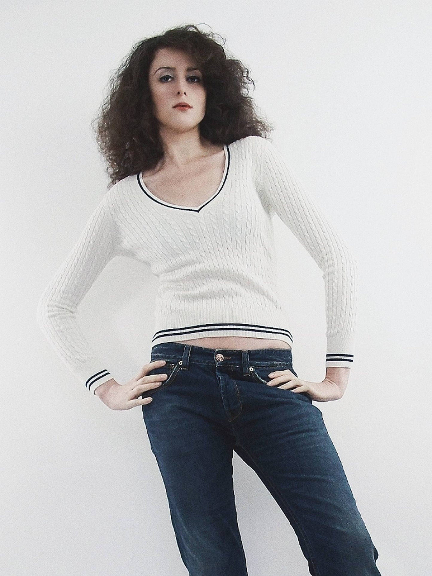 English Classics - Pre-Loved Laura Ashley White Navy Trim Cotton & Cashmere Jumper - Size 12