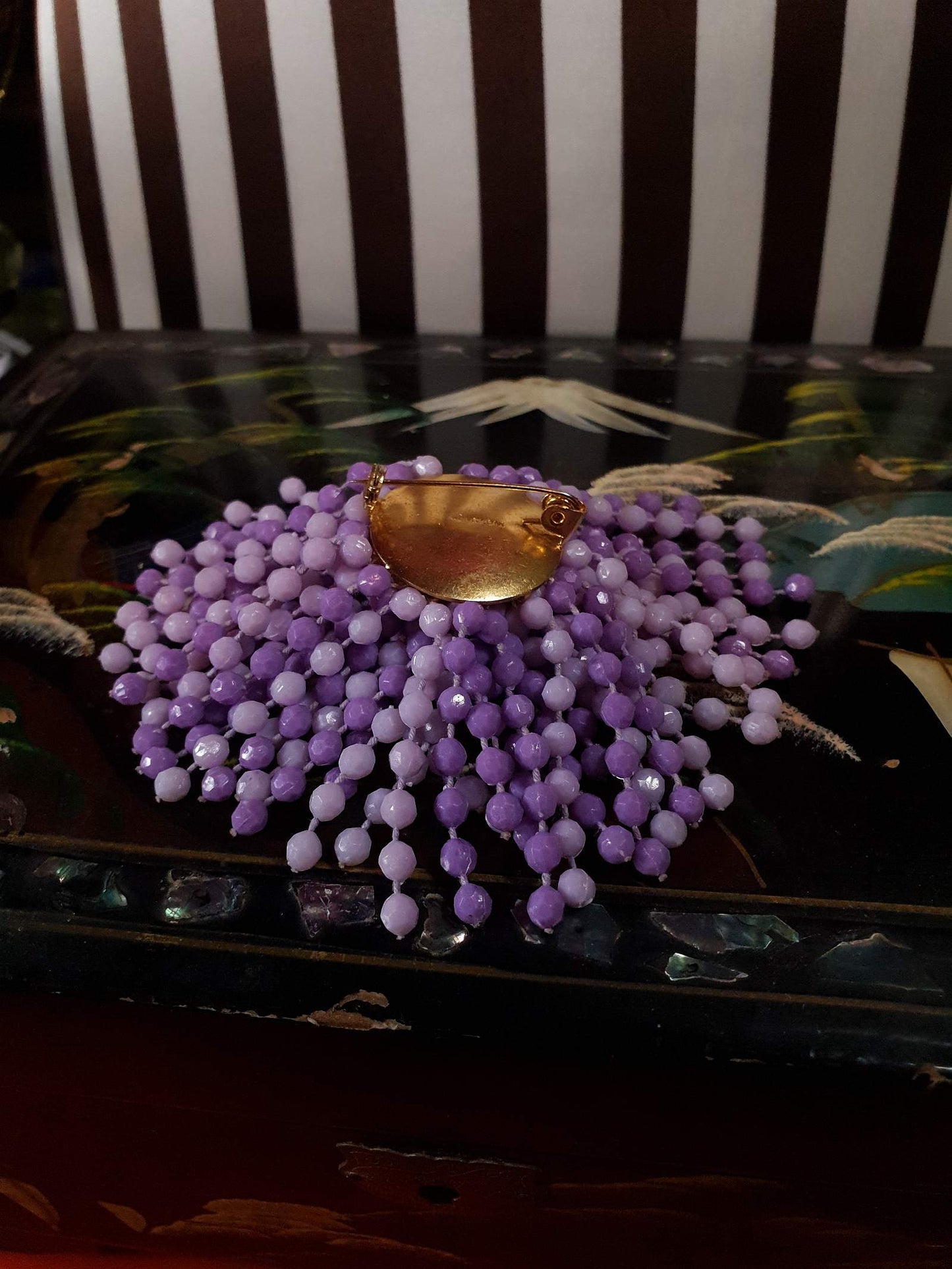 Vintage 1960s Lilac Beaded Brooch Cascading Waterfall Pin - Hong Kong Signed