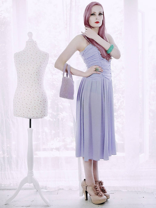 Vintage 1970s Lilac Midi Dress - Party Size 12 Fit & Flare