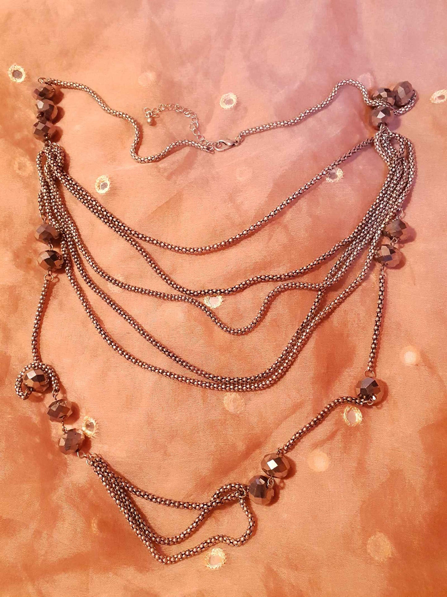 Vintage Long Layered Glass Bead Necklace 39" Draped Faceted Bead Silver-Tone Multi-Tier