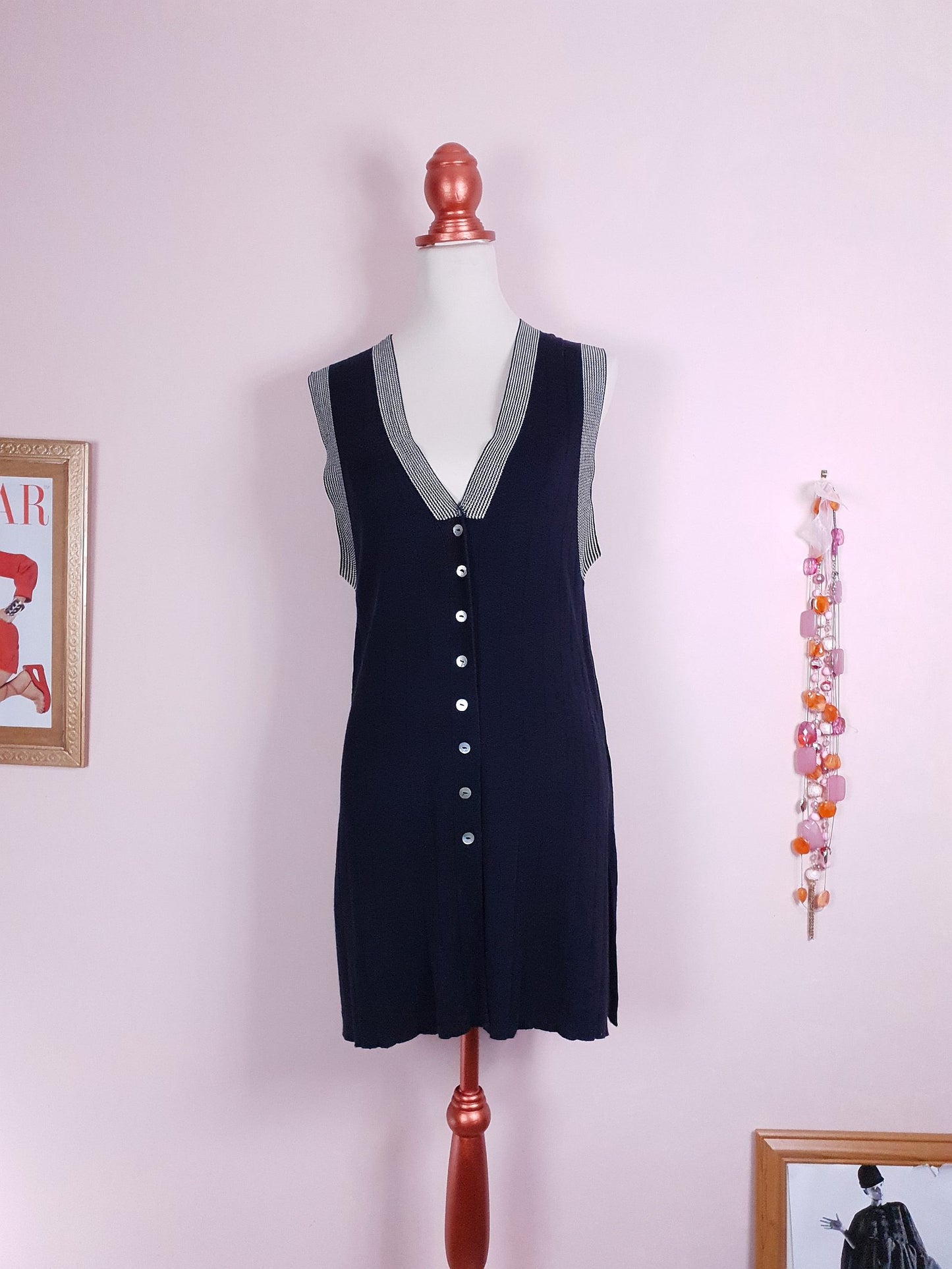 Vintage 90s Navy Blue Long Cardigan Sleeveless Tank Top Size 12/14