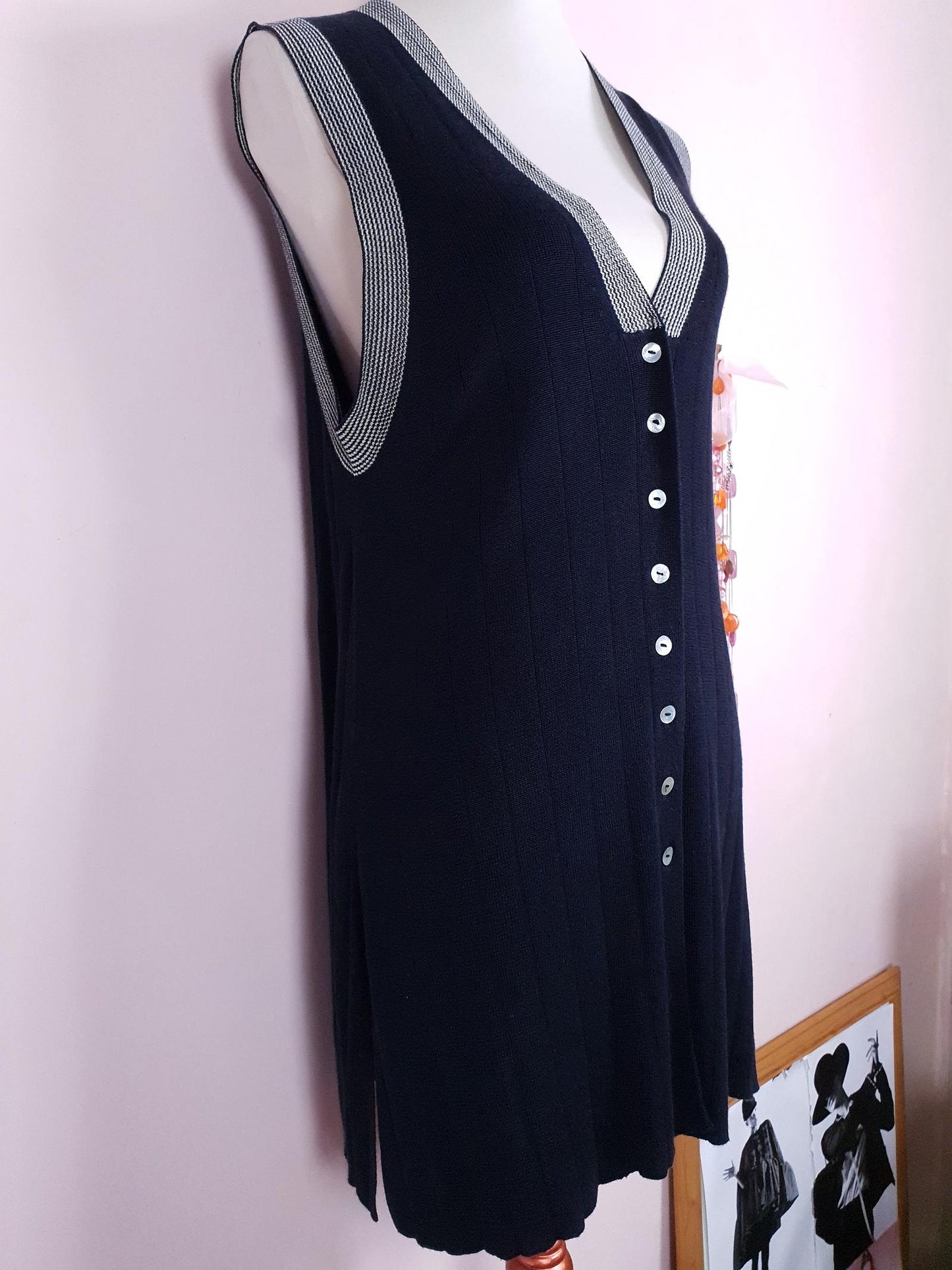 Vintage 90s Navy Blue Long Cardigan Sleeveless Tank Top Size 12/14