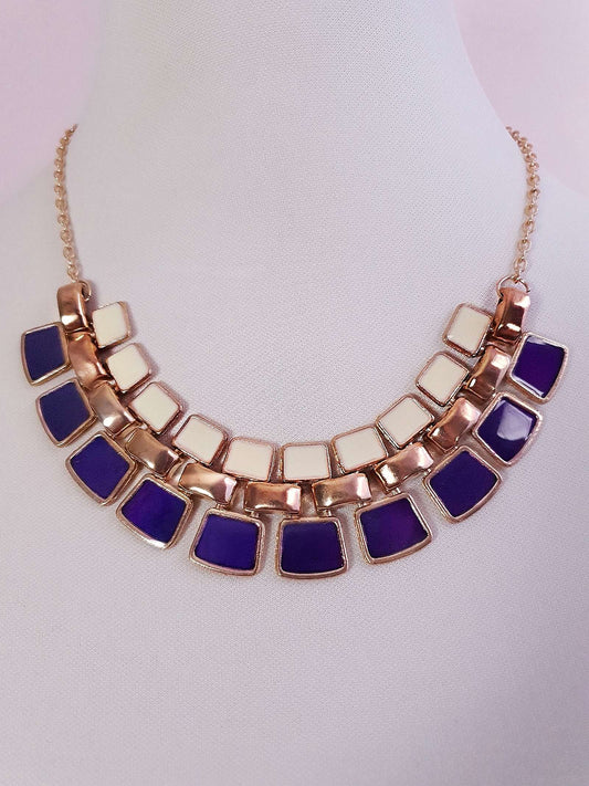 Vintage Purple & Cream Enamel Necklace Egyptian Revival