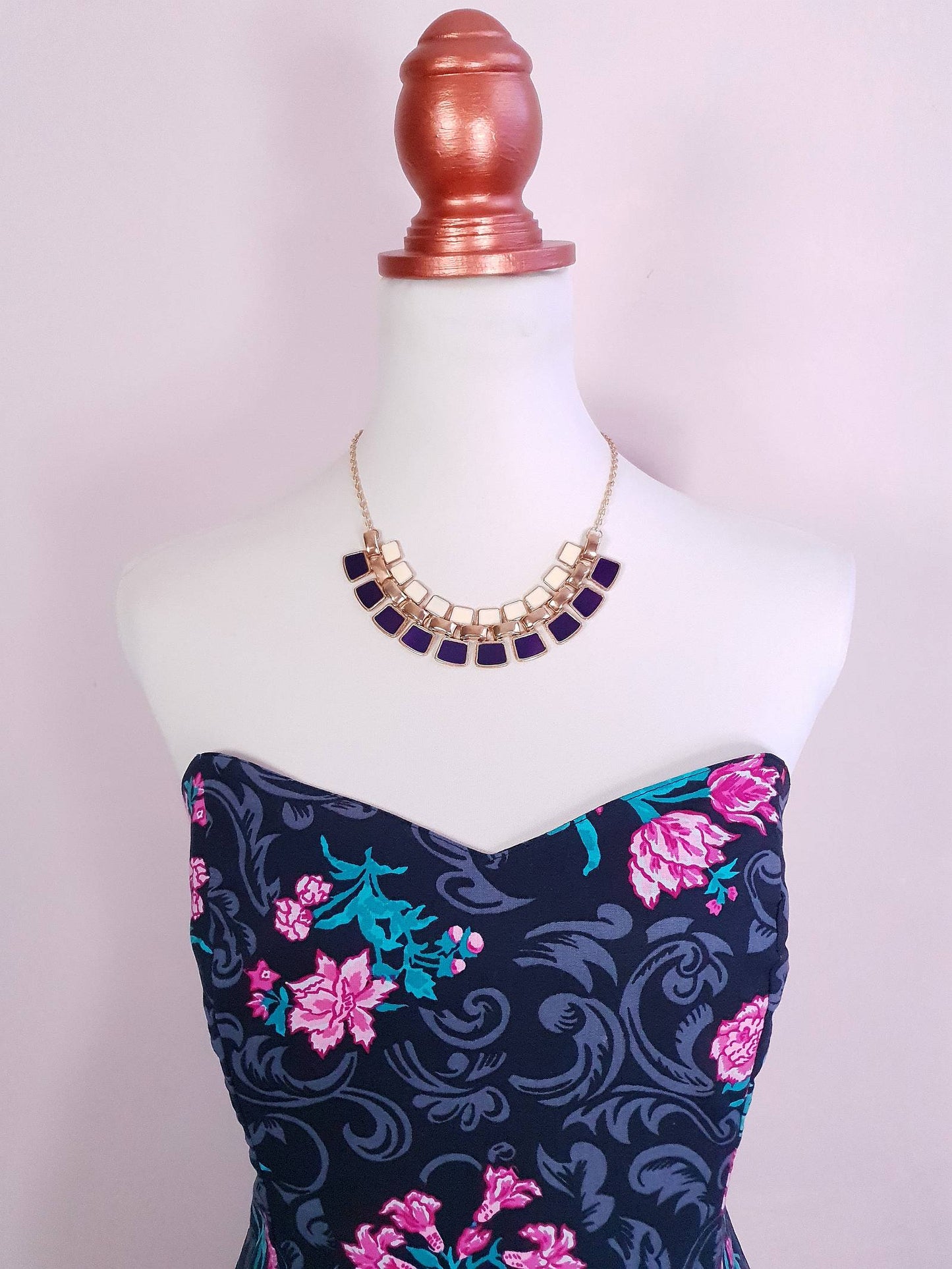Vintage Purple & Cream Enamel Necklace Egyptian Revival