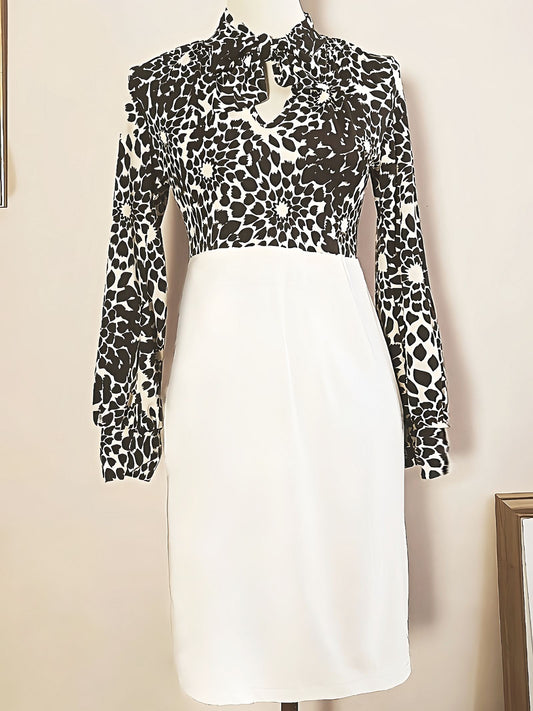 Vintage Floral Leaf Bow Dress Brown White Midi Retro 1970s- Size 10