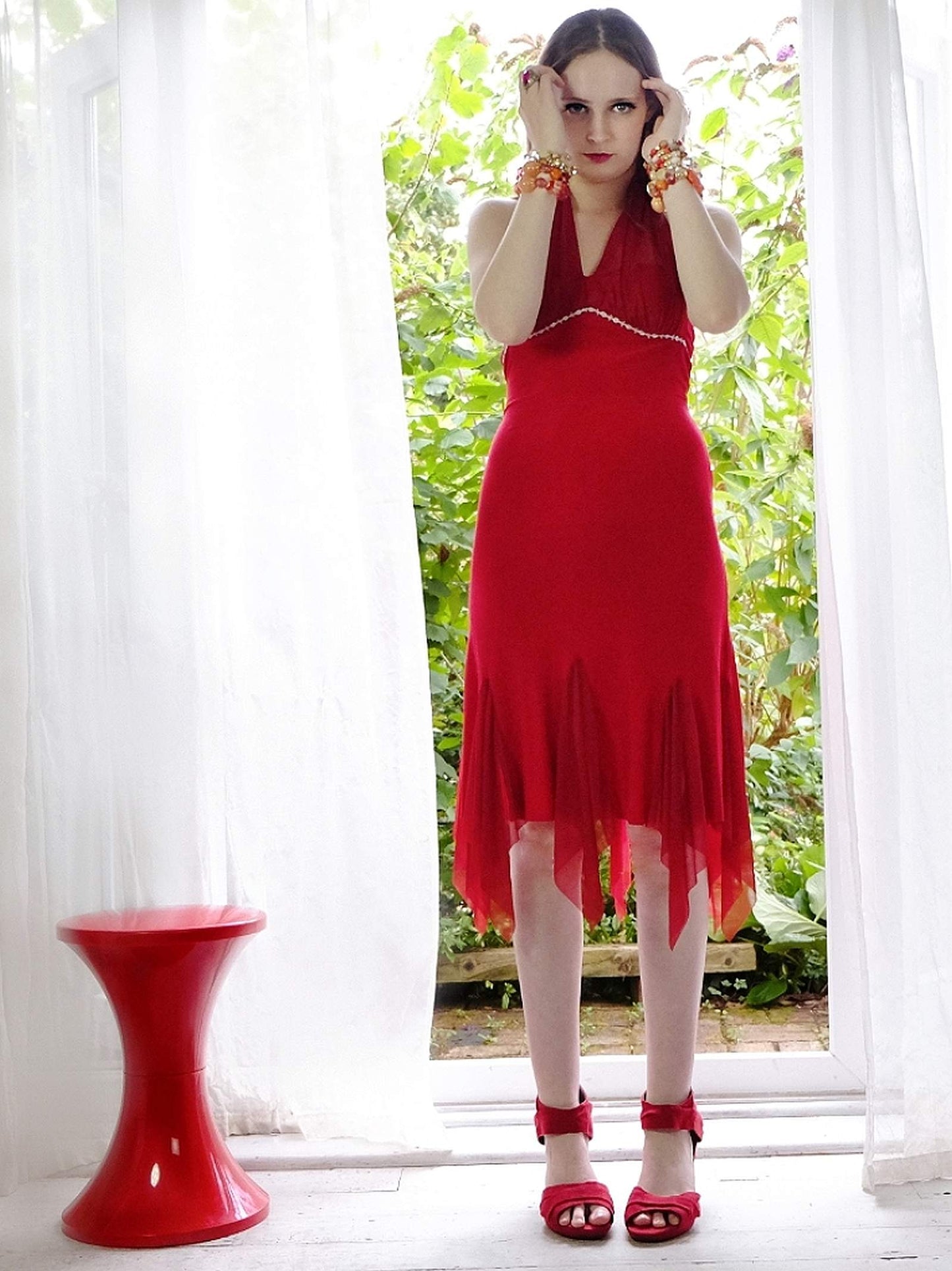 Vintage Red Chiffon Party Dress 90s Cocktail Evening Midi Alyn Paige - Size 10