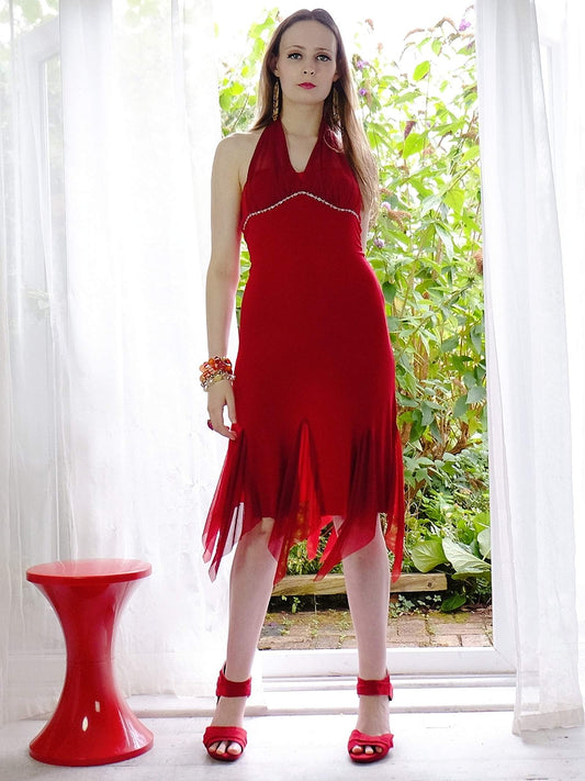 1990s Vintage Grecian Twirl Red Chiffon Dress - Size 10