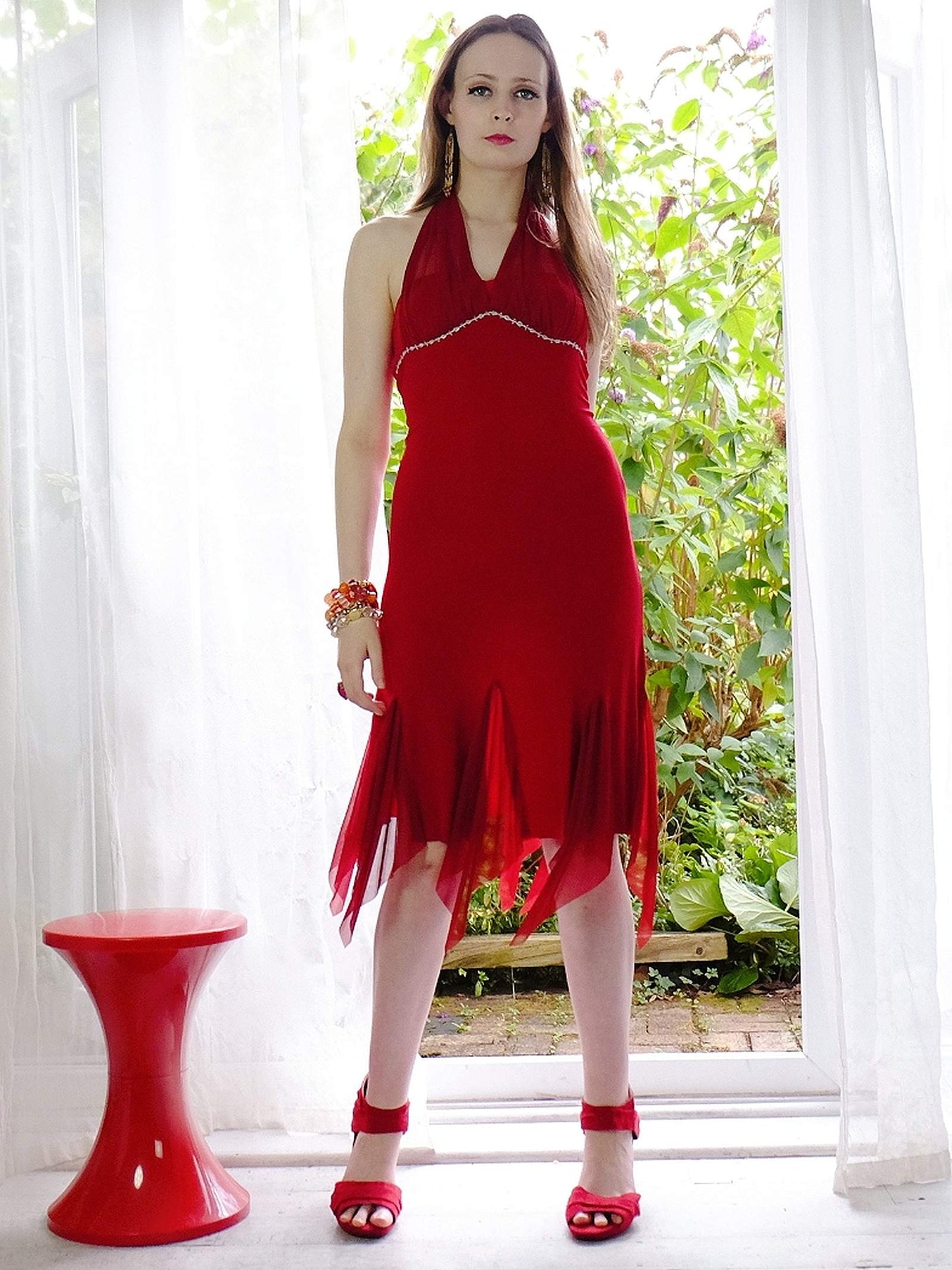Vintage Red Chiffon Party Dress 90s Cocktail Evening Midi Alyn Paige - Size 10
