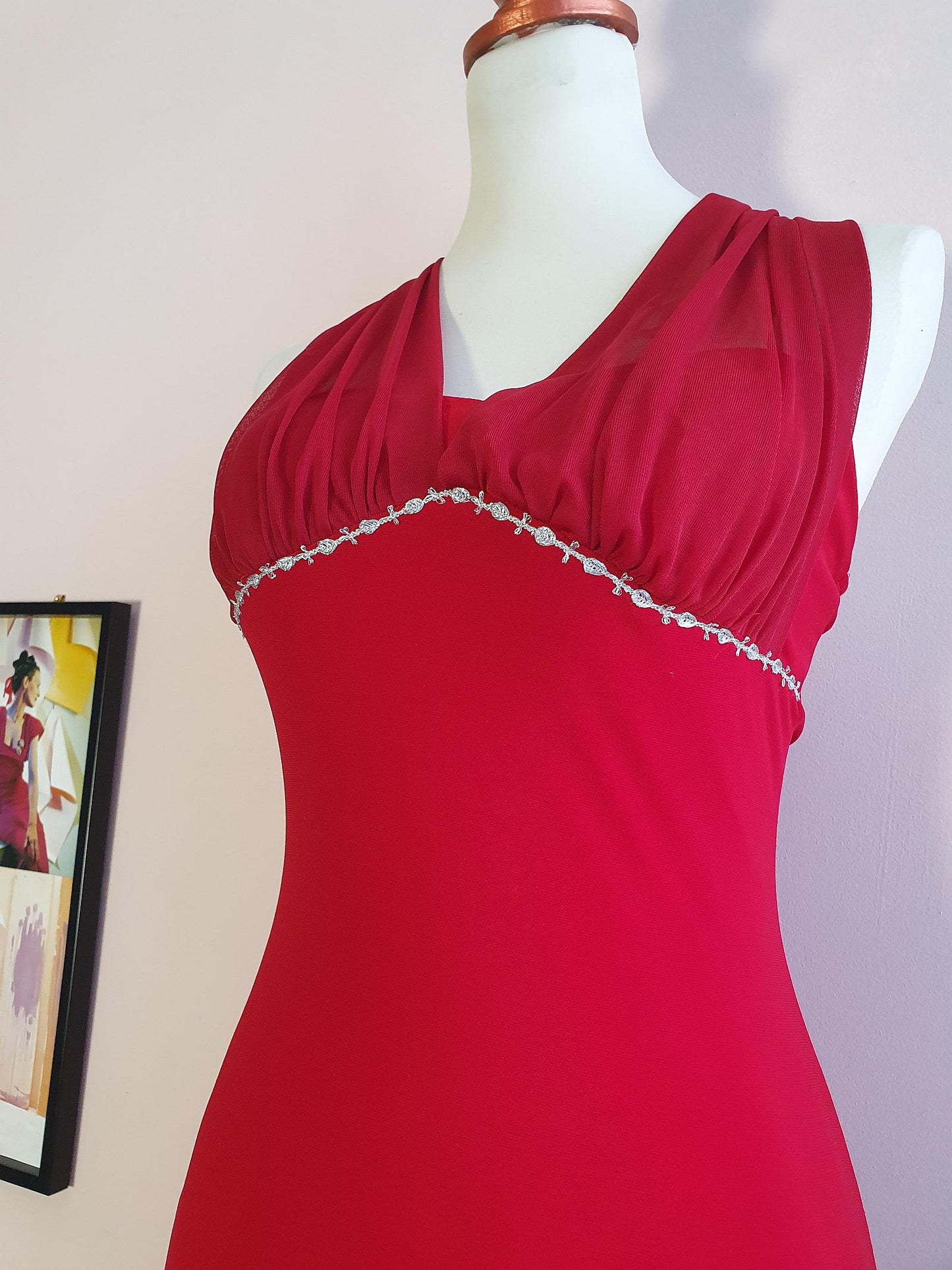 Vintage Red Chiffon Party Dress 90s Cocktail Evening Midi Alyn Paige - Size 10