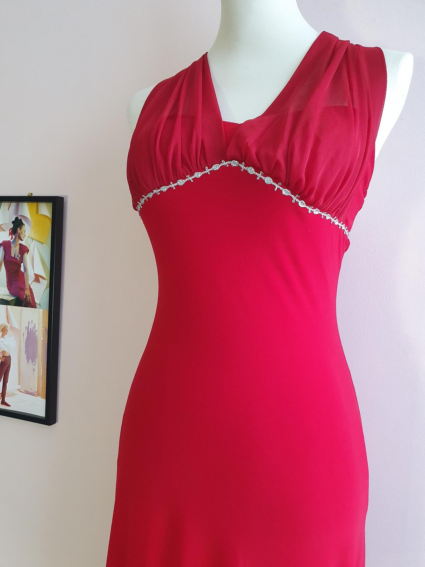 Vintage Red Chiffon Party Dress 90s Cocktail Evening Midi Alyn Paige - Size 10