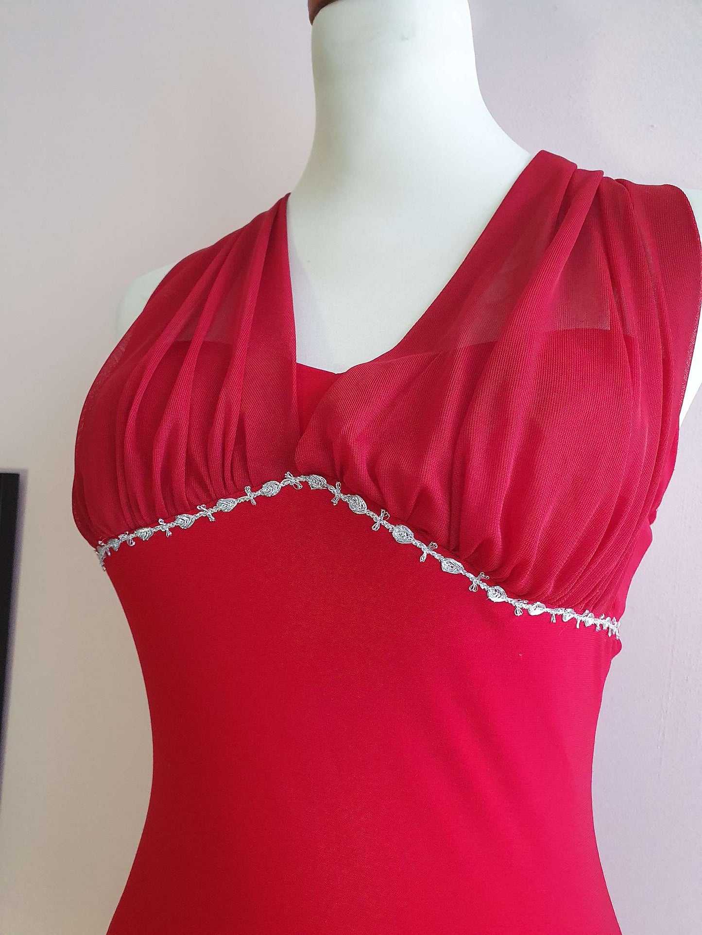 Vintage Red Chiffon Party Dress 90s Cocktail Evening Midi Alyn Paige - Size 10