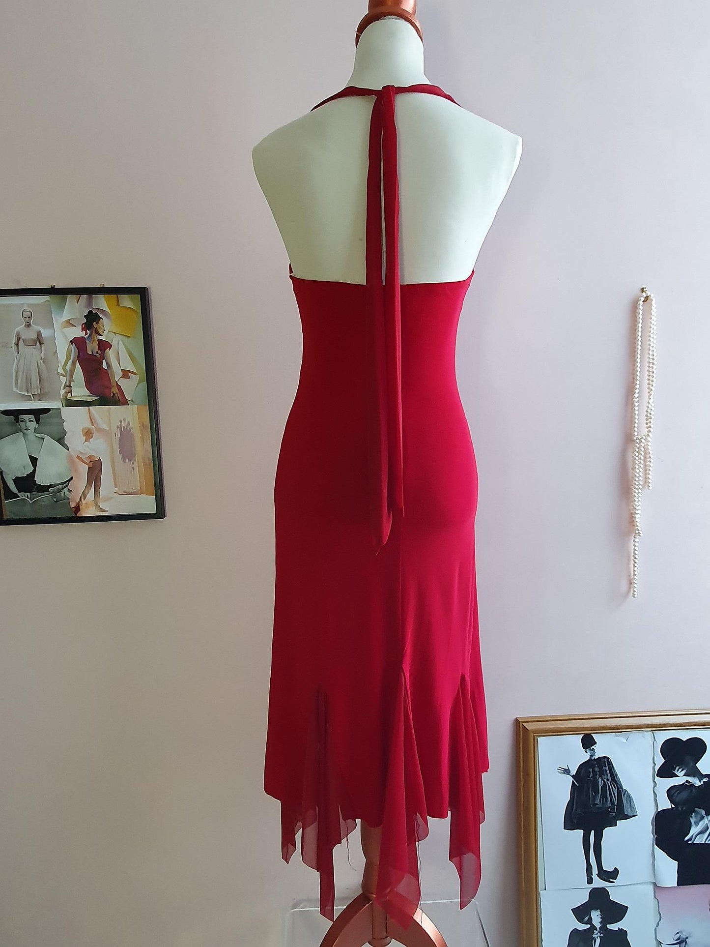 Vintage Red Chiffon Party Dress 90s Cocktail Evening Midi Alyn Paige - Size 10