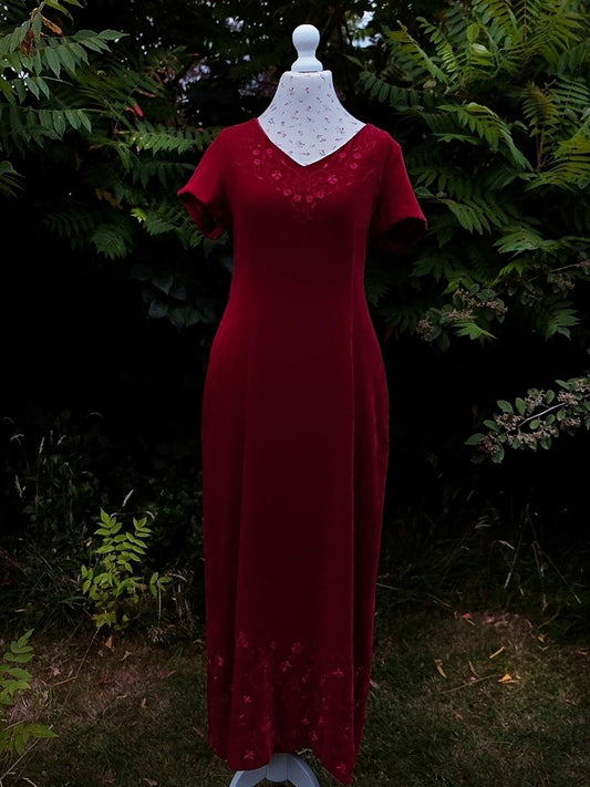 English Classics - Vintage Laura Ashley Red Silk Velvet Embroidered Dress - Size 14