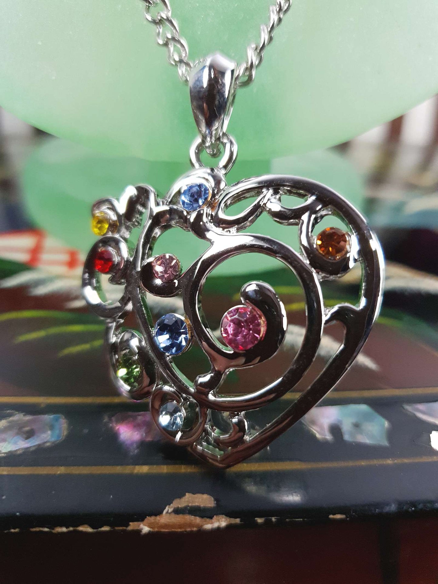 Vintage Filigree Rhinestone Heart Boho Pendant Necklace