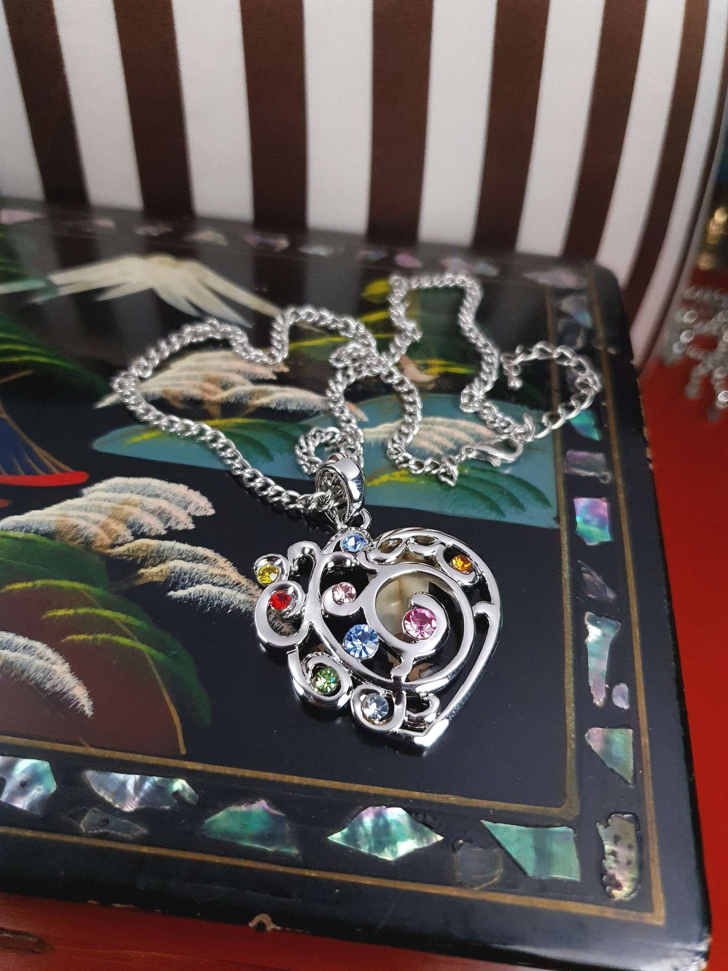 Vintage Filigree Rhinestone Heart Boho Pendant Necklace