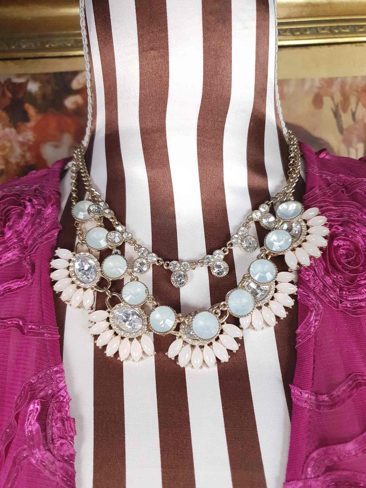 Vintage Aqua Pink Rhinestone Statement Necklace Three Tier Layered