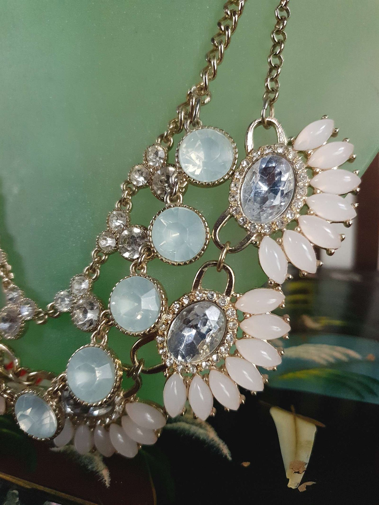 Vintage Aqua Pink Rhinestone Statement Necklace Three Tier Layered