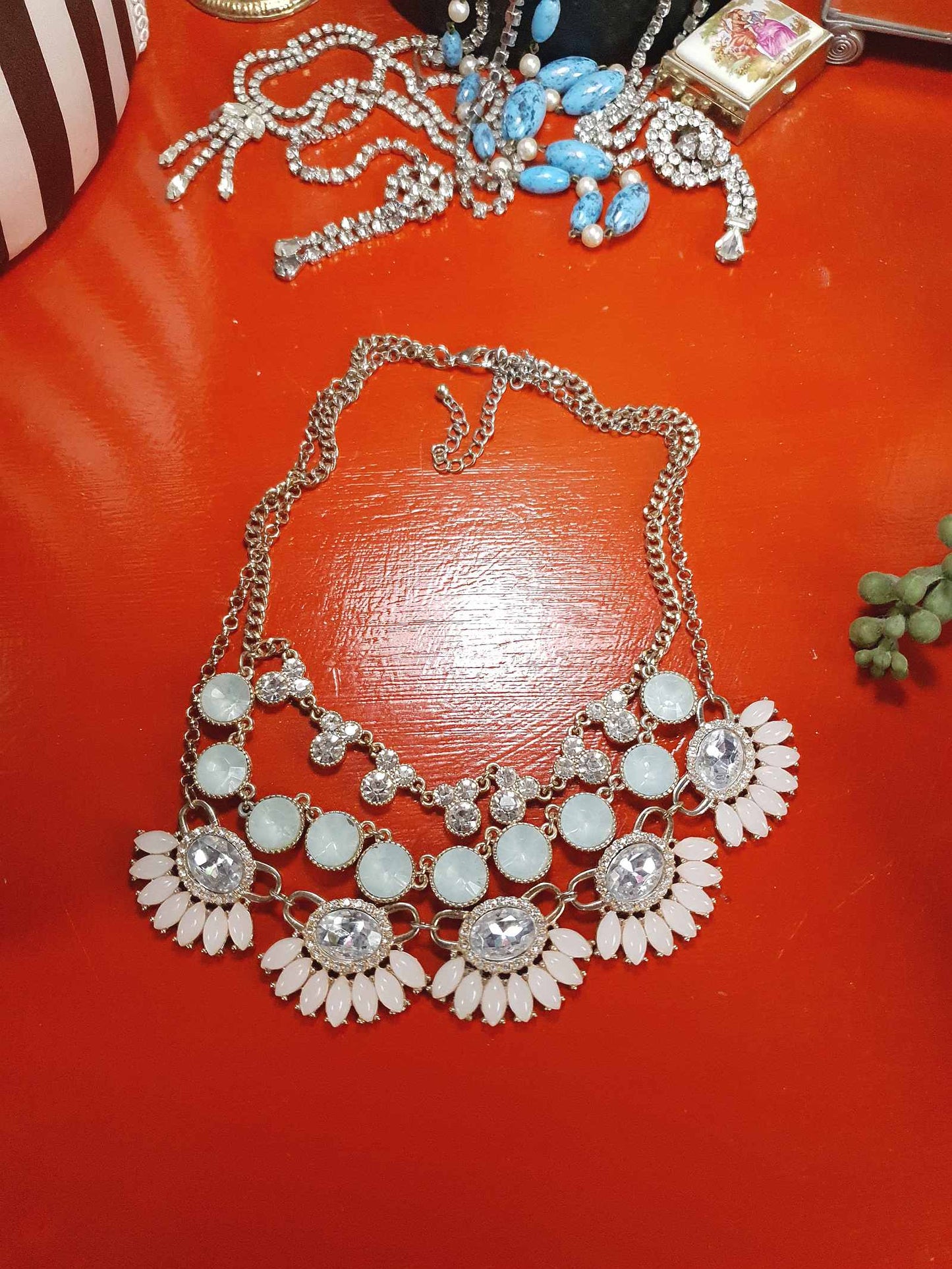 Vintage Aqua Pink Rhinestone Statement Necklace Three Tier Layered