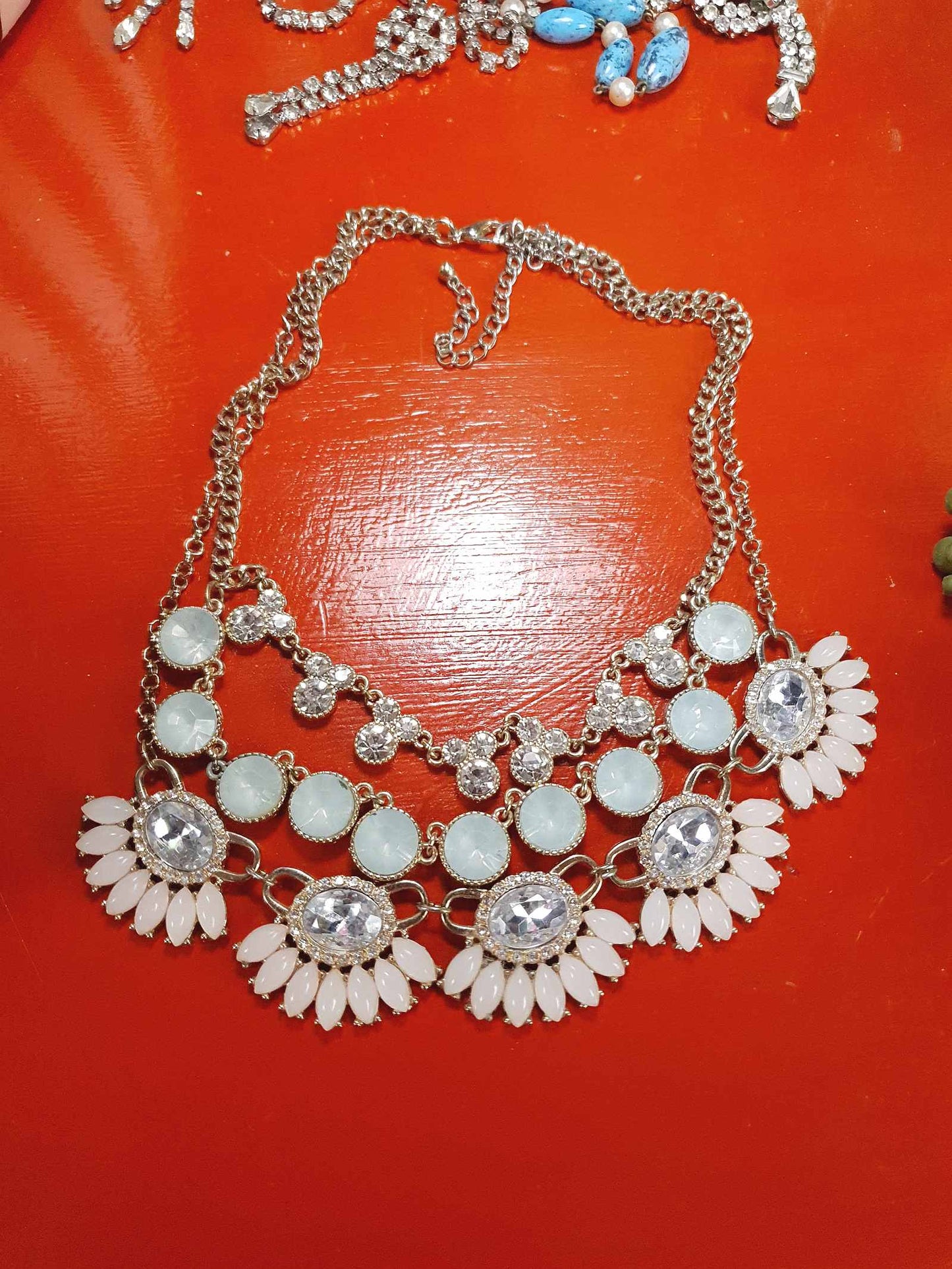 Vintage Aqua Pink Rhinestone Statement Necklace Three Tier Layered