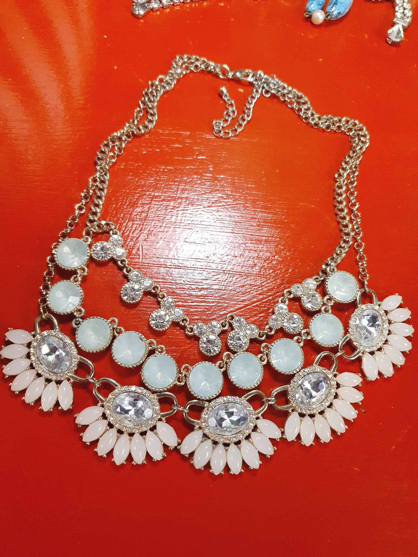 Vintage Aqua Pink Rhinestone Statement Necklace Three Tier Layered