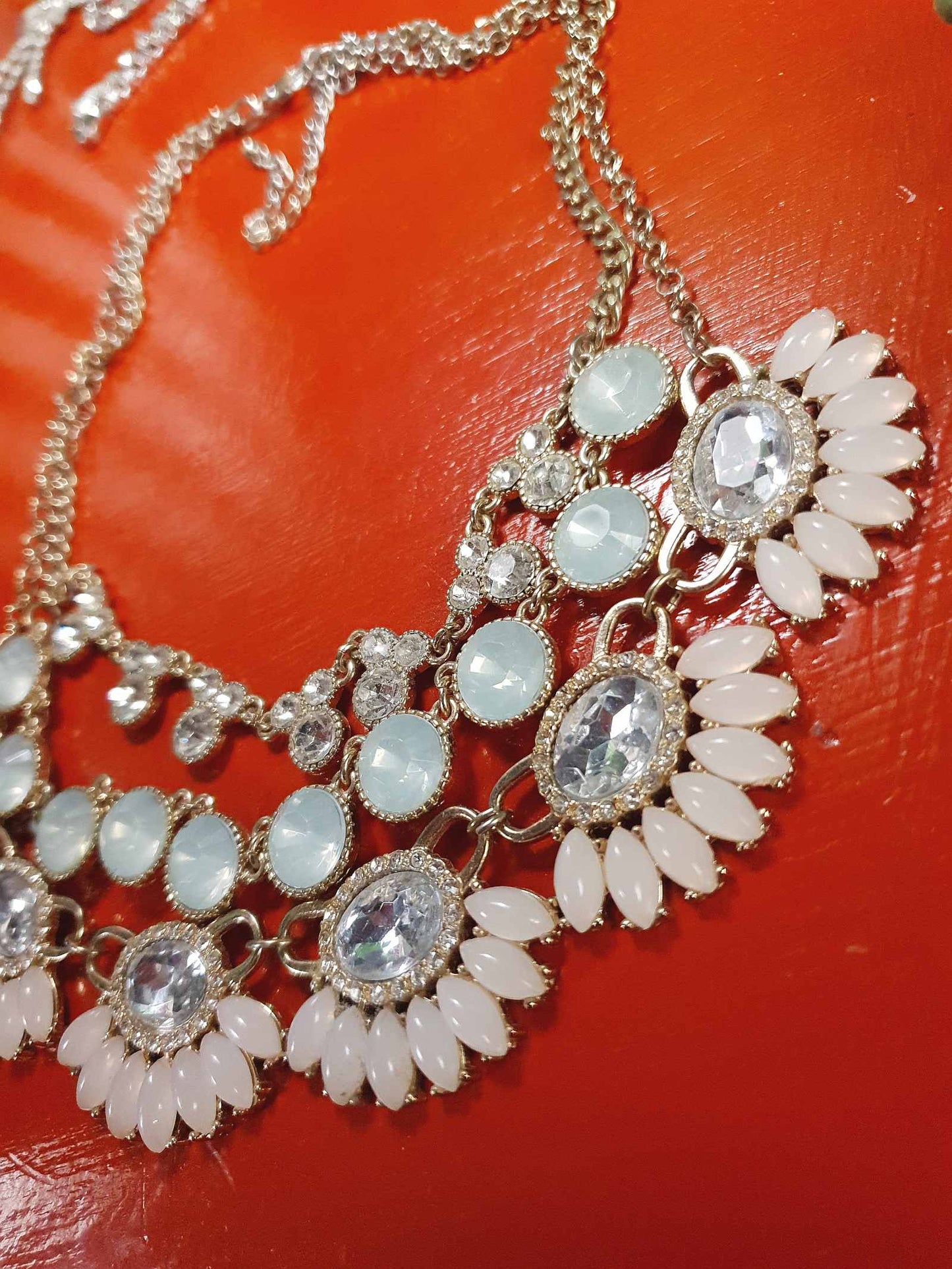 Vintage Aqua Pink Rhinestone Statement Necklace Three Tier Layered