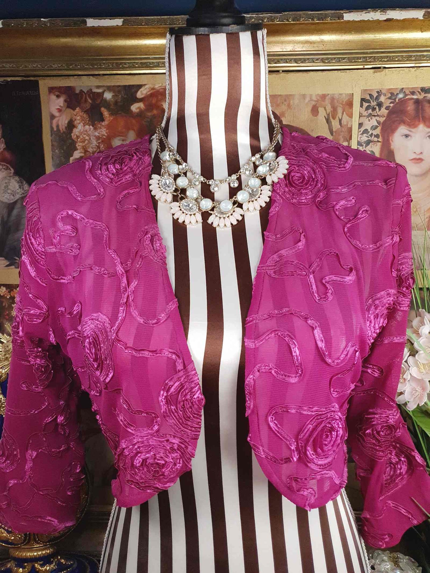 Vintage Aqua Pink Rhinestone Statement Necklace Three Tier Layered