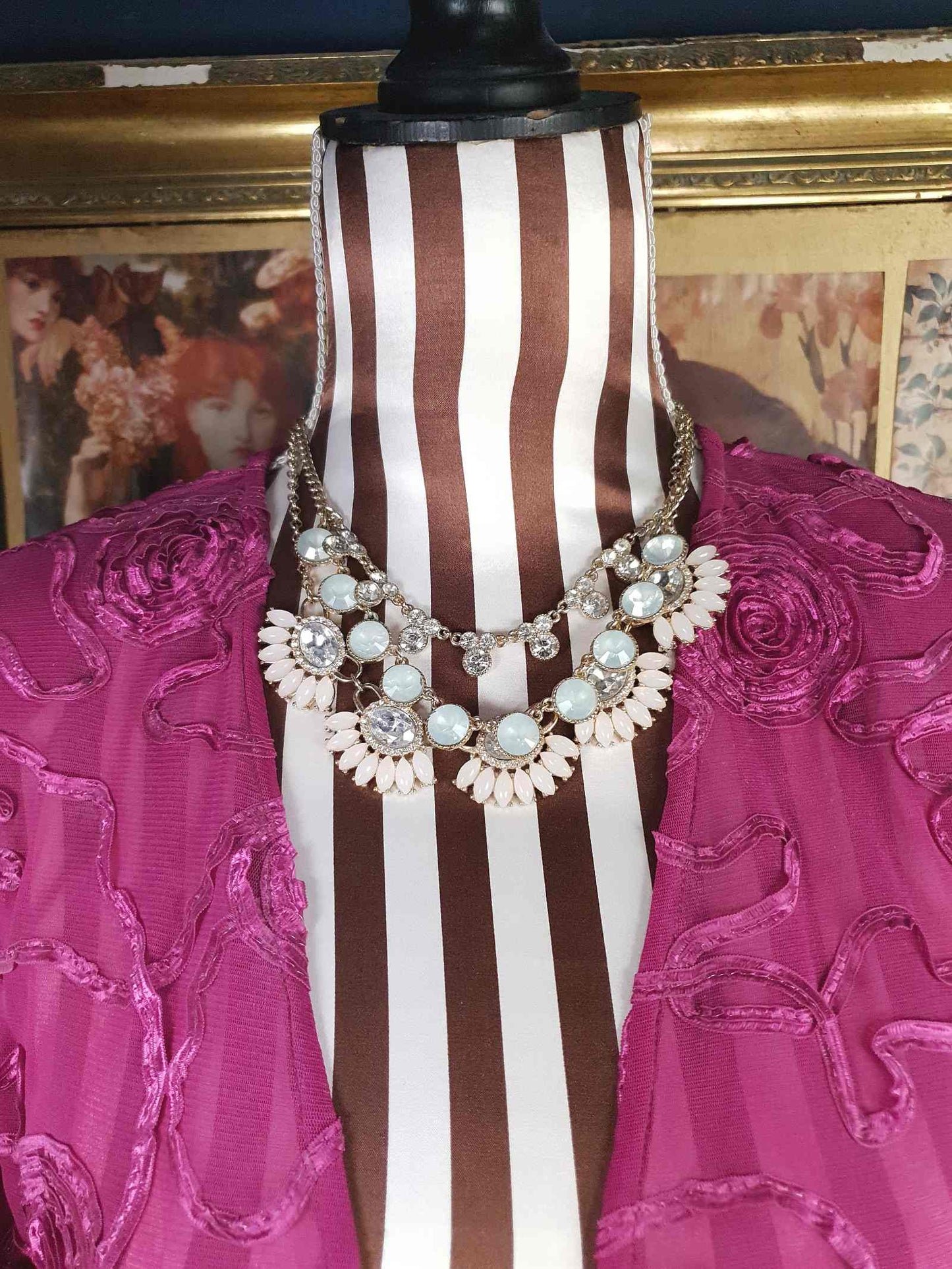 Vintage Aqua Pink Rhinestone Statement Necklace Three Tier Layered