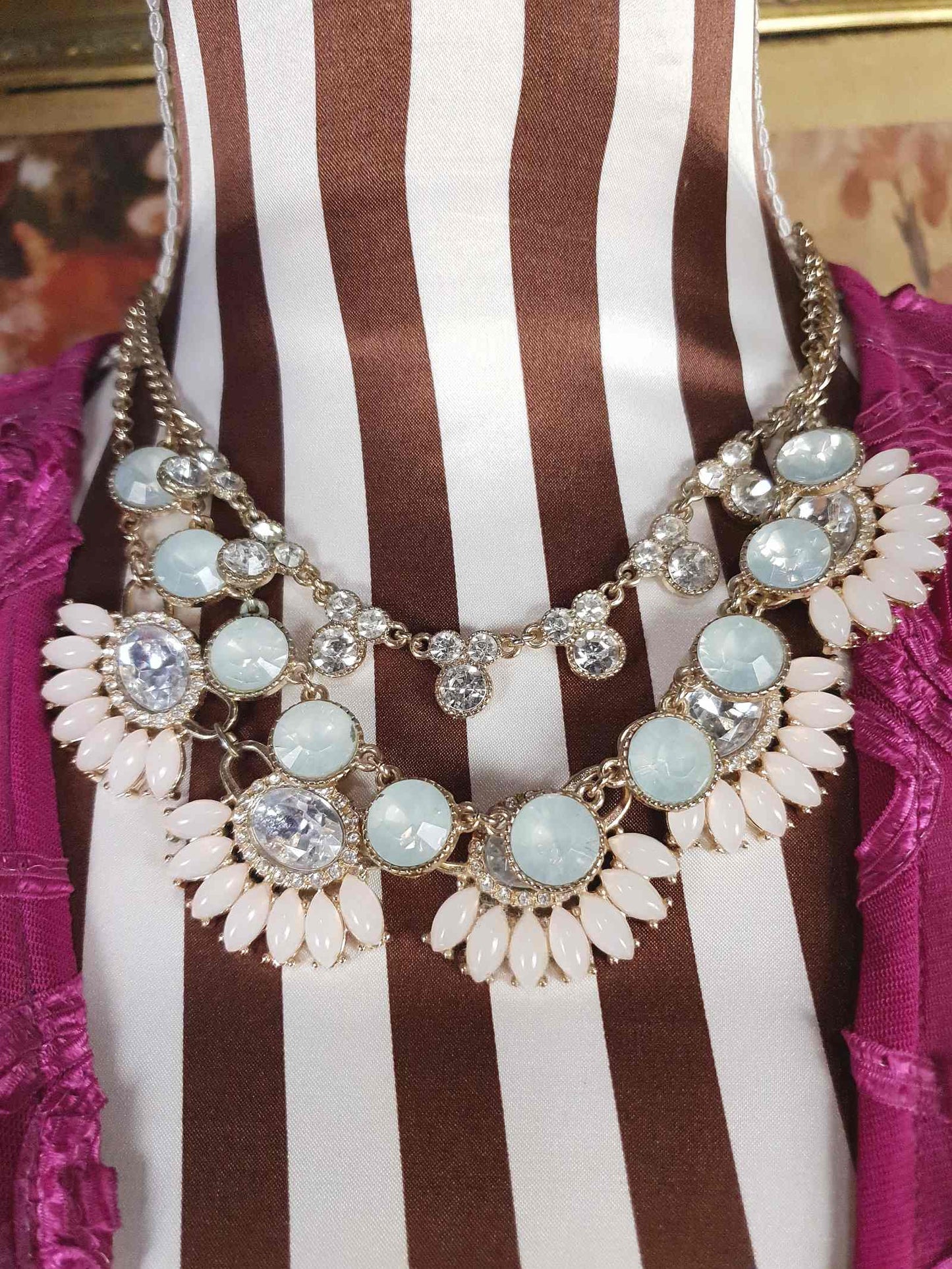 Vintage Aqua Pink Rhinestone Statement Necklace Three Tier Layered