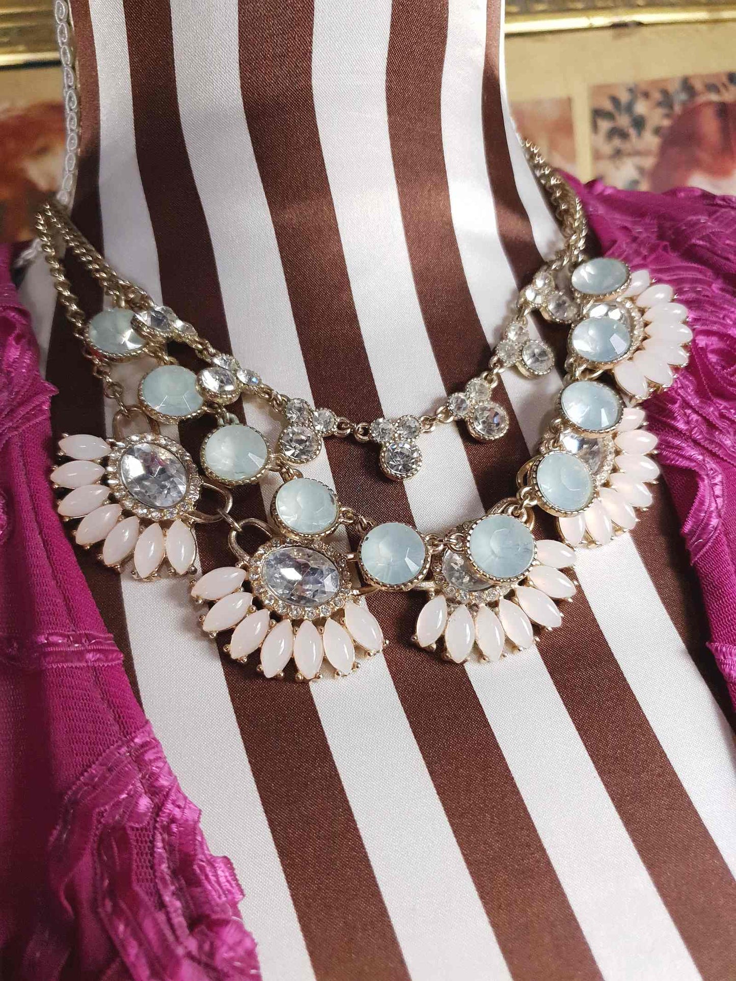 Vintage Aqua Pink Rhinestone Statement Necklace Three Tier Layered