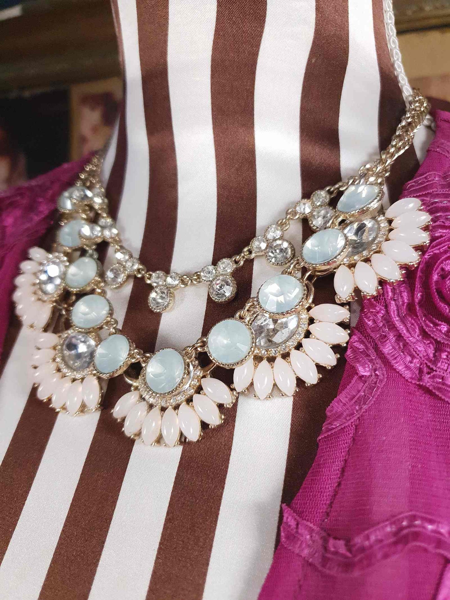 Vintage Aqua Pink Rhinestone Statement Necklace Three Tier Layered