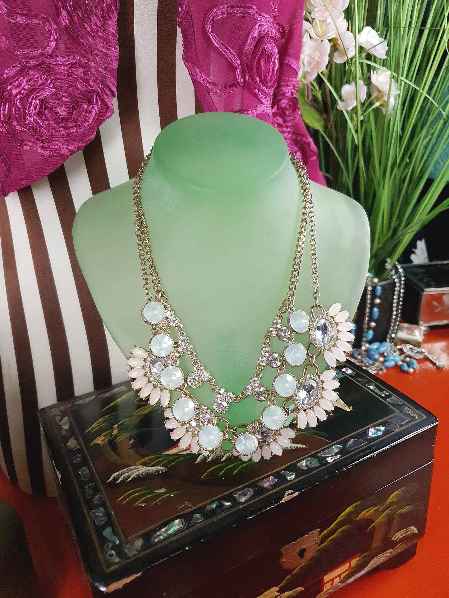 Vintage Aqua Pink Rhinestone Statement Necklace Three Tier Layered