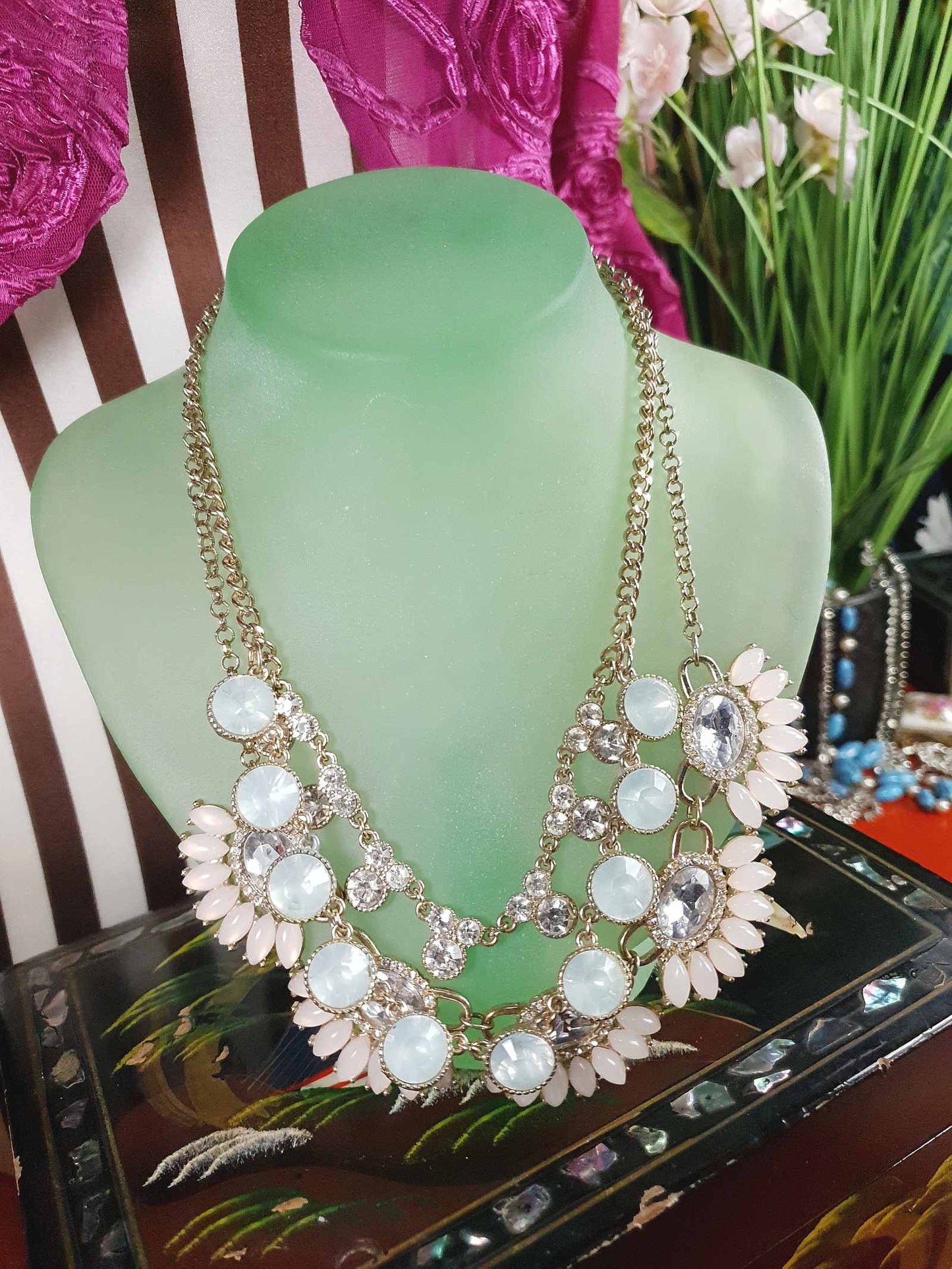 Vintage Aqua Pink Rhinestone Statement Necklace Three Tier Layered