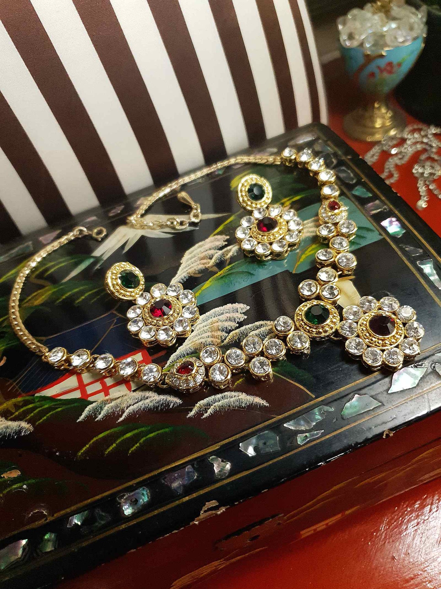 Vintage Rhinestone Necklace Earrings Set Demi Parure 1980s
