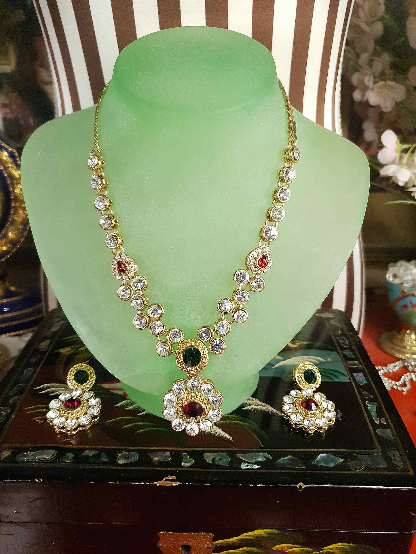 Vintage Rhinestone Necklace Earrings Set Demi Parure 1980s