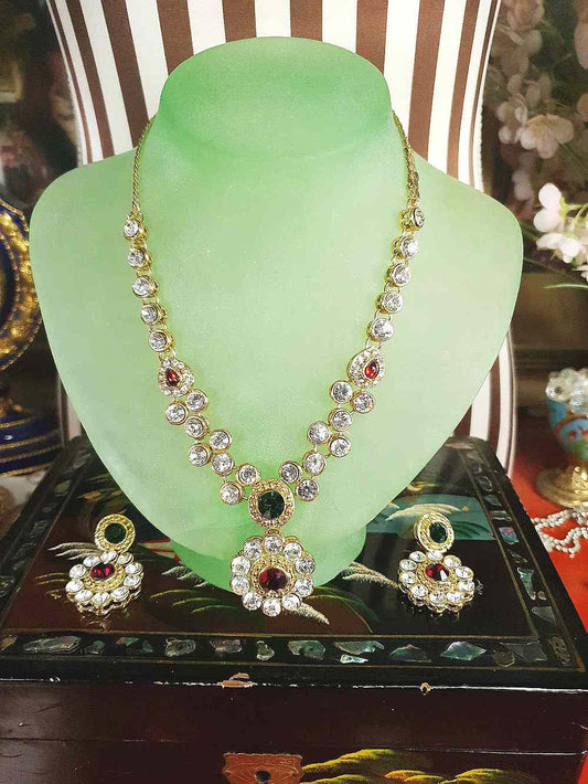 Vintage 1980s Rhinestone Necklace Earrings Set Demi Parure Clear Green Red