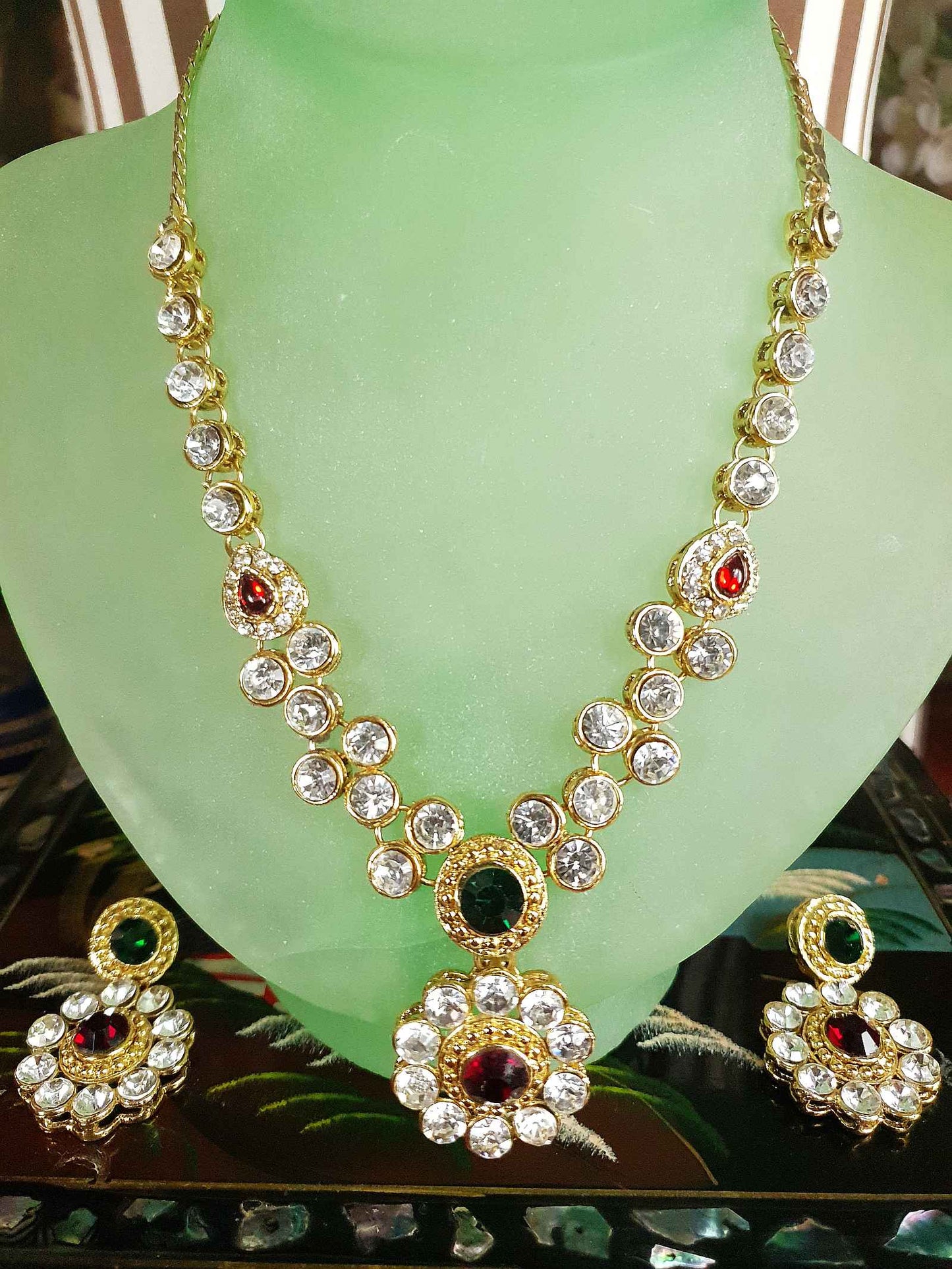 Vintage Rhinestone Necklace Earrings Set Demi Parure 1980s