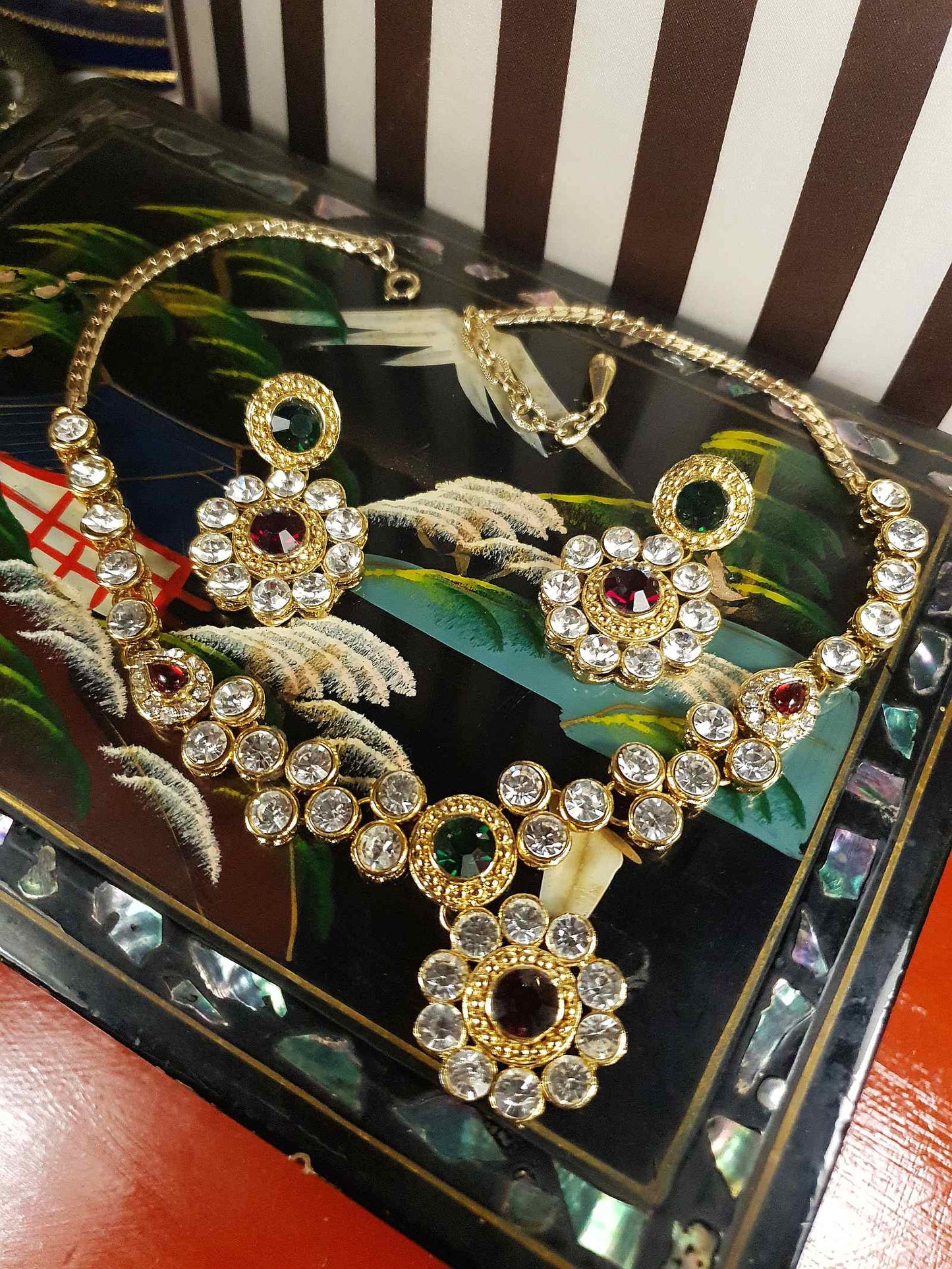 Vintage Rhinestone Necklace Earrings Set Demi Parure 1980s